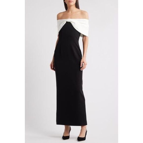 Sonya Moda Belluno Off the Shoulder Column Gown - Black Wedding Guest size S NWT - Picture 1 of 7